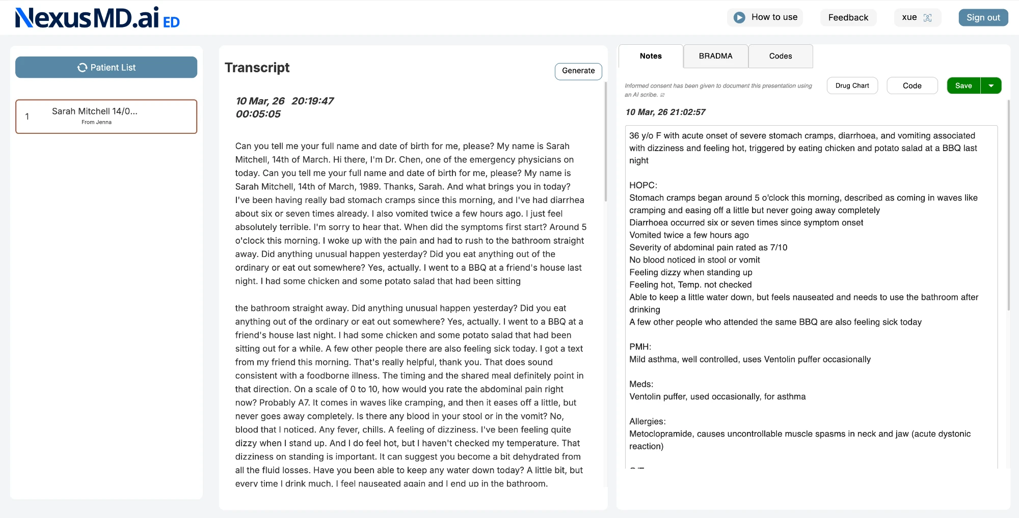 Transcript → Generate → structured ED Note