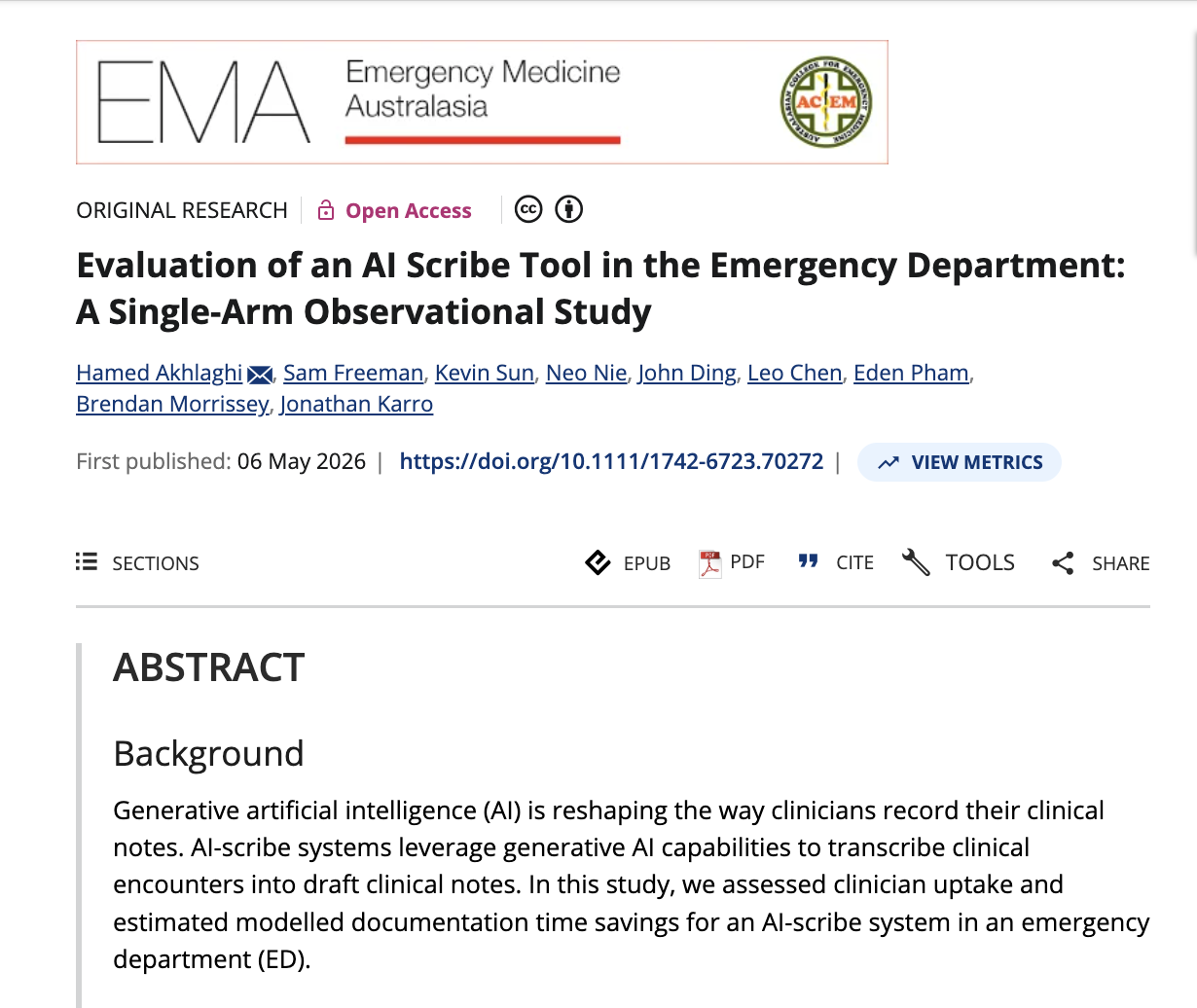 Research paper cover — Emergency Medicine Australasia